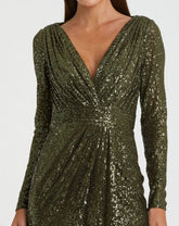 Green Sequined Long Sleeve Gown